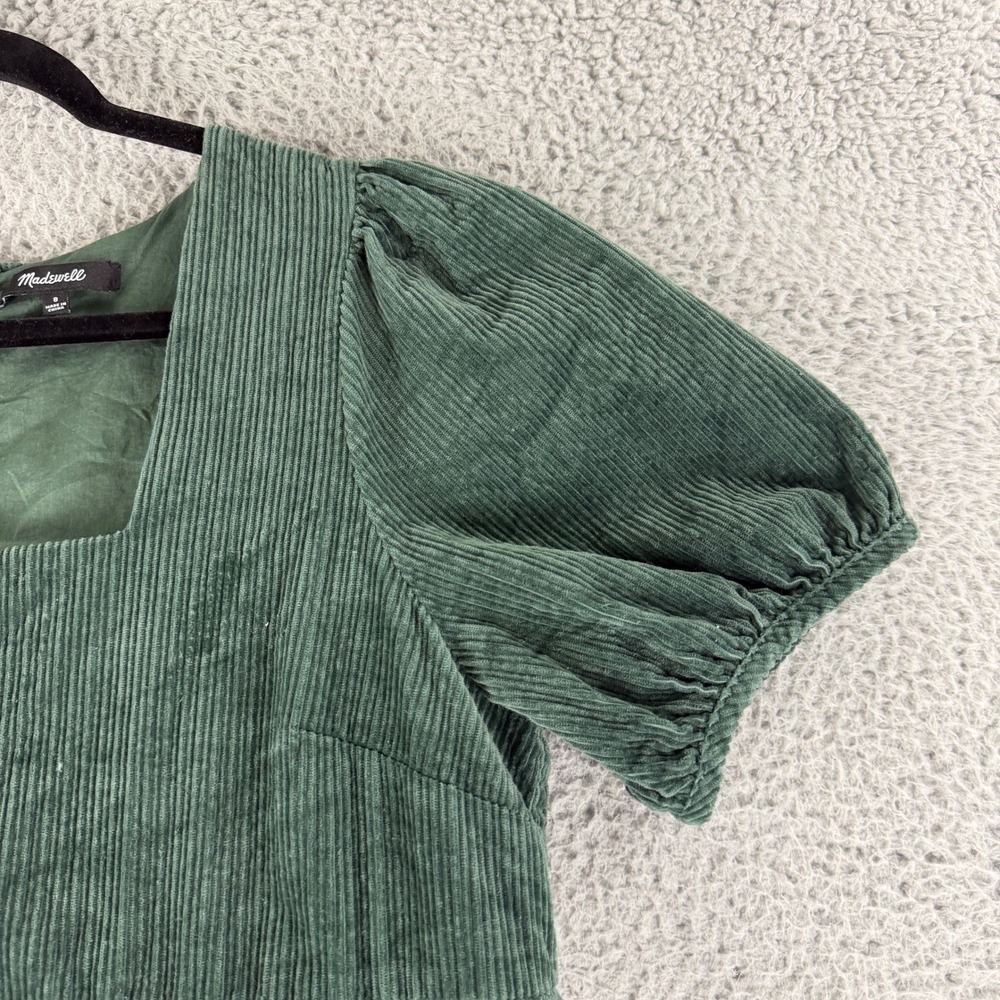 Madewell Corduroy Babydoll Dress Womens 8 Green Puff Sleeve Tiered Mini Boho - Picture 4 of 14